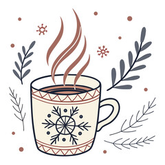 A cup of hot coffee with winter leaves