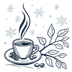 A cup of coffee with coffee beans and snowflakes