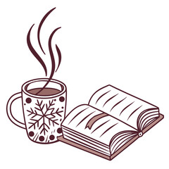 Cozy winter scene with a steaming mug and an open book