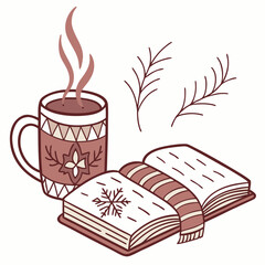 Winter reading scene with a mug, book, and foliage