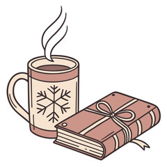 Winter reading with a warm beverage and a wrapped book