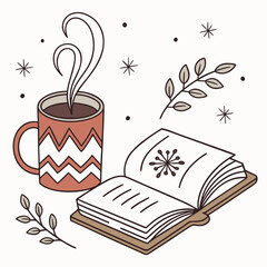 Cozy winter scene with a book, hot drink, and decorative elements