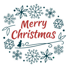 Festive merry christmas wreath with snowflakes