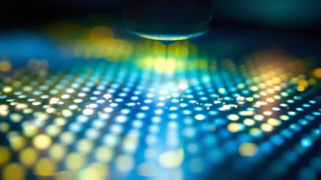 Close Up Analysis of Microarray Chip with Optics and Blue Light in Research Laboratory for Pharmaceutical Analysis and Data Processing in Medical Science Technology Applications