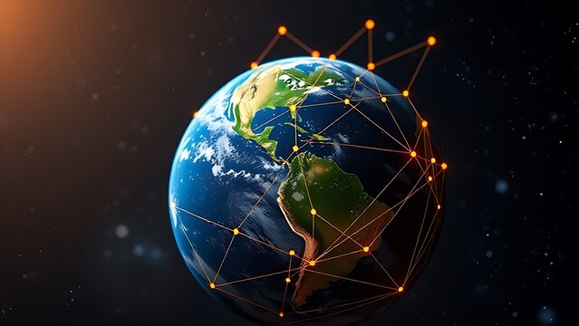 Satellite view of Earth with golden connection points, abstract digital networks against deep space.