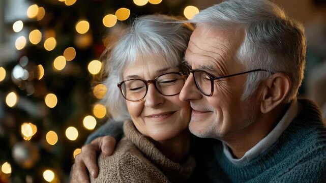 Ederly couple sharing cozy hug next to Christmas tree, home interior with lights and ornaments, emotional moment