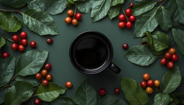 a glass of black coffee with a background of coffee leaves and beans - Powered by Adobe