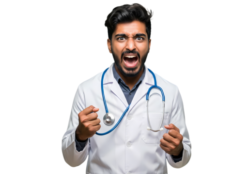 Angry doctor shouts in frustration, clenches fists