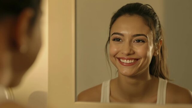 Happy young woman with confident smile admiring her beautiful reflection in mirror. joyful moment of self care