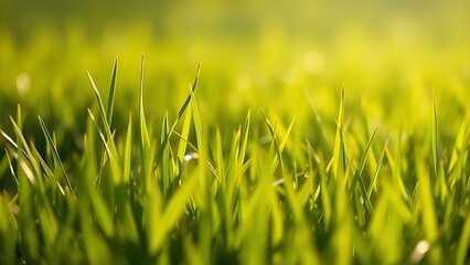 Lush green spring grass field bathed in morning sunlight, evoking freshness.