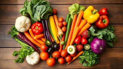 Fresh vegetables arranged in heart shape on rustic wooden table with warm natural tones and soft lighting.