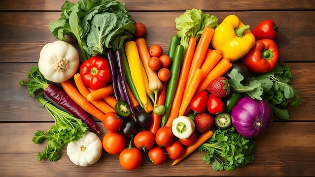 Fresh vegetables arranged in heart shape on rustic wooden table with warm natural tones and soft lighting.