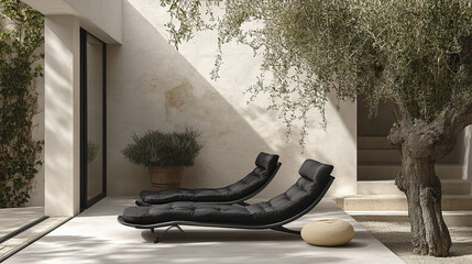 Black leather lounge chair set on modern patio with olive tree and potted plant, natural light creating calm and relaxing outdoor space with minimalist design