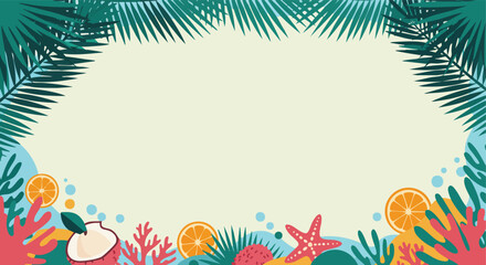 Cheerful tropical border design showcasing exotic fruits marine life and lush foliage perfect for a summer theme event or vacation