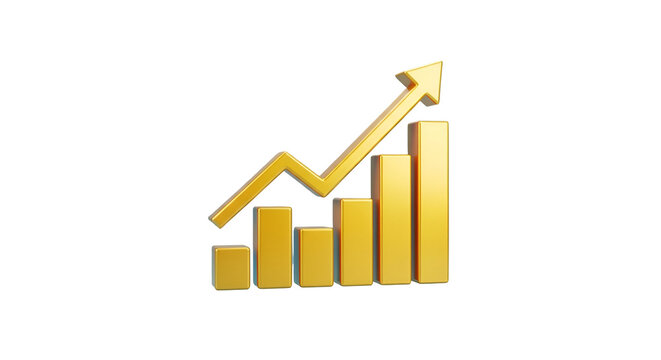 3d icon of golden bar graph with arrow indicating growth, isolated on transparent background, representing financial success