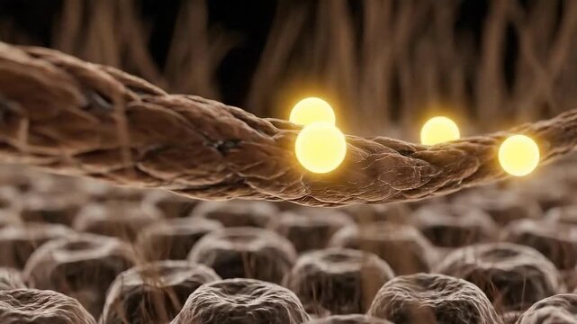 Close Up Animation of Hair Strand Receiving Nourishment with Yellow Serum for Treatment Against Damaged Hair on Dark Background