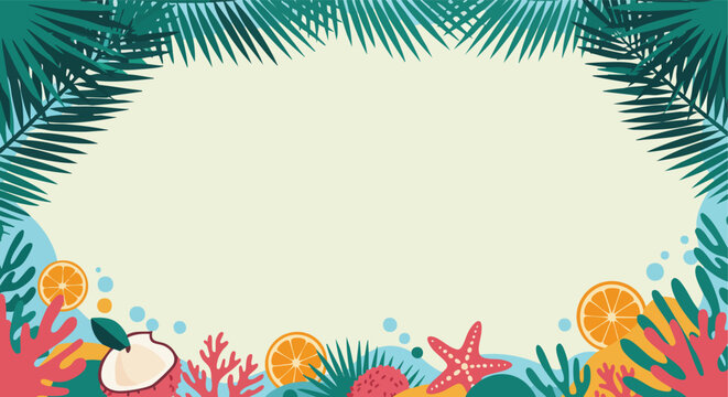 Cheerful tropical border design showcasing exotic fruits marine life and lush foliage perfect for a summer theme event or vacation