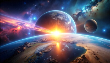 Cosmic Sunrise View of Earth and Planets Space Landscape