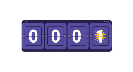 Minimalist flat design illustration of a purple digital counter displaying the number 0001 with an exciting starburst graphic