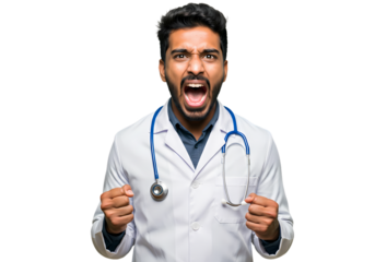 Furious doctor screams in frustration, clenching fists