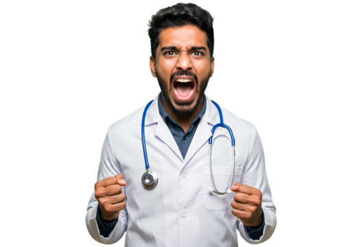 Furious doctor screams in frustration, clenching fists
