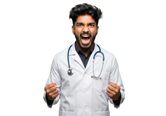 Frustrated doctor yells, fists clenched, medical stress