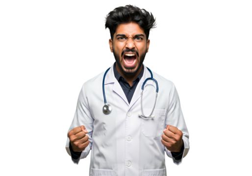 Frustrated doctor yells, fists clenched, medical stress