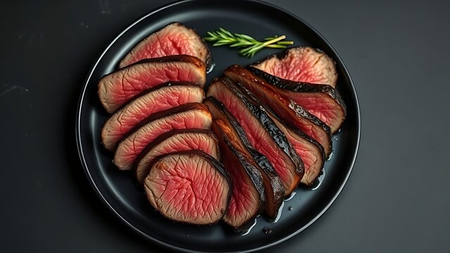 Juicy sliced beef steak on a black plate, showcasing gourmet dining and culinary excellence.