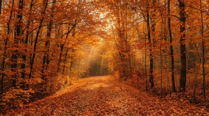 Fototapeta premium A scenic autumn forest path covered in fallen orange leaves with sunlight streaming through the trees