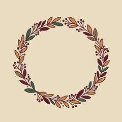 Charming hand-drawn autumn wreath with colorful leaves and berries on a warm background creating a natural festive frame