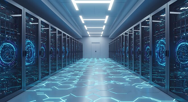 Data center with server racks and digital floor design technology