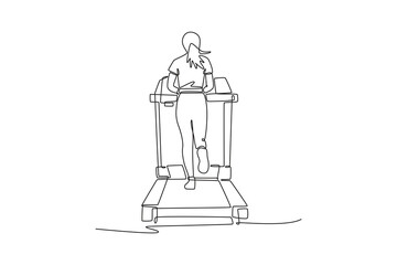 Single one line drawing woman is seen from back, running on treadmill with focused effort, cardiovascular endurance and steady fitness workout. Continuous line draw design graphic vector illustration