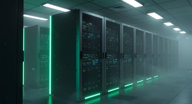Data center with server racks and neon lights, room storage proc