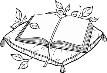Outline drawing of an open antique book resting on a plush, tasseled cushion, adorned with delicate foliage for a literary or magical theme