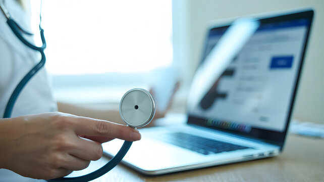 Professional doctor examining patient data on laptop with stethoscope, representing modern healthcare and medical technology innovation.