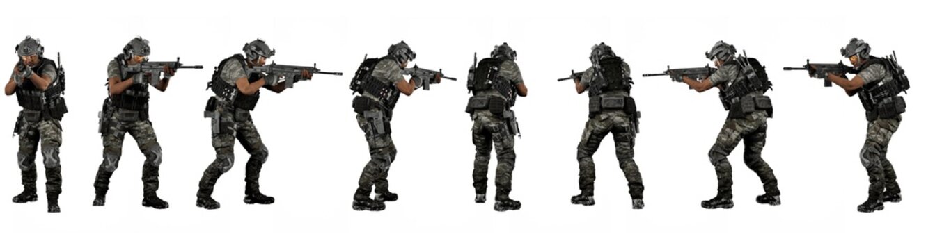 Special forces soldiers and swat team members, isolated white background