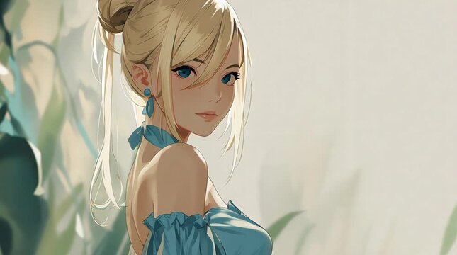 Anime Big Chest Blonde Girl with Sensual Curvy Body in Soft Pastel Background Lighting