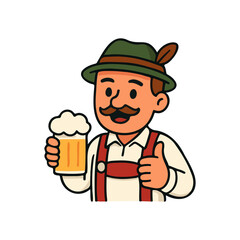 Happy man in traditional outfit holding beer and showing thumbs up. Smiling character celebrating with drink.