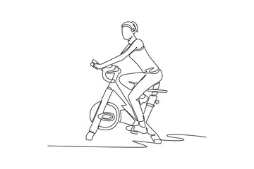 Continuous one line drawing active woman is intensely cycling on stationary bike in upright stance, focused cardio endurance, dynamic gym workout. Single line draw design vector graphic illustration
