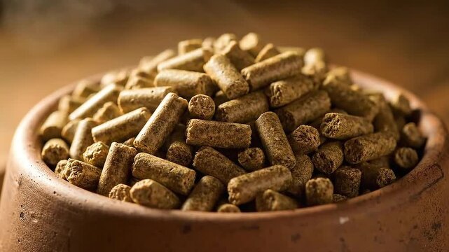 Close Up Brown Pelleted Animal Feed Piles In Ceramic Bowl Under Soft Focus Studio Lighting and Wooden Background for Livestock