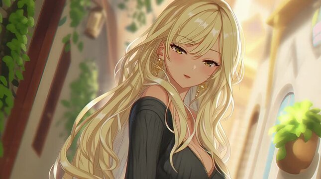 Anime Big Chest Blonde Girl with Sensual Curvy Body in Soft Pastel Background Lighting