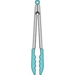 A Pair Of Silver And Teal Kitchen Tongs With A Hanging Loop On A White Background