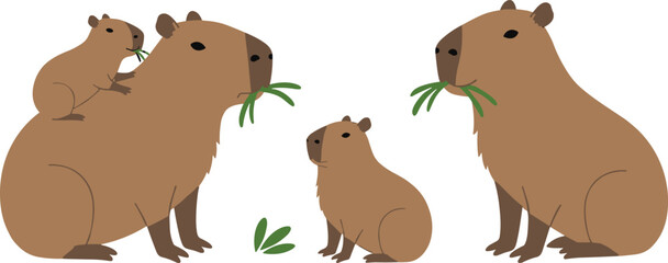 Cartoon capybara family, chewing leaves, cute animals, brown fur, nature theme, herbivore illustration, wildlife group, playful pose, forest character, animal art