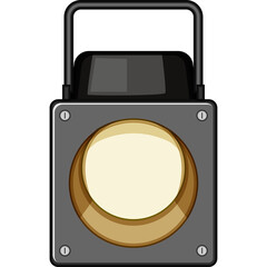 A pixel art illustration of a vintage spotlight with a black top and a circular light source emitting a warm yellow glow against a transparent background