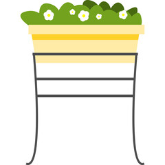 A Simple Cartoon Illustration of a Potted Plant with Green Leaves and White Flowers on a Stand Against a Transparent Background