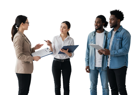 Diverse team collaborates, reviewing contract documents professionally