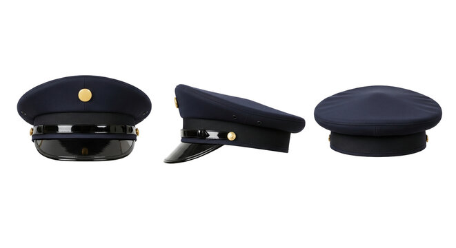 Dark blue police or pilot peaked cap in three views for professional authority and uniform set