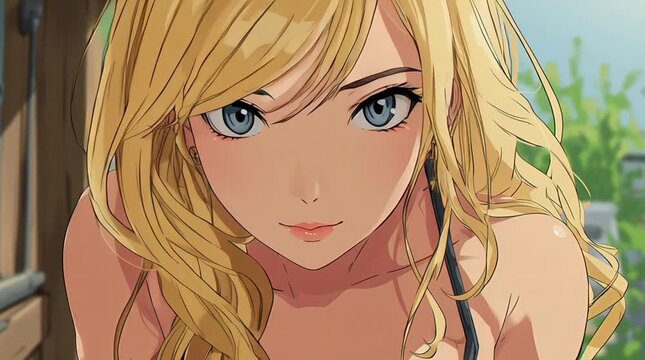 Anime Big Chest Blonde Girl with Sensual Curvy Body in Soft Pastel Background Lighting