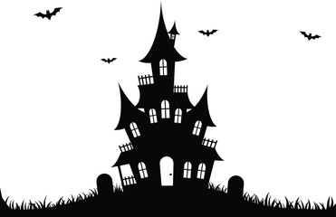 Haunted house silhouette illustration, spooky Halloween scene, bats flying, graveyard elements, creepy tower design, eerie vector art, scary night theme