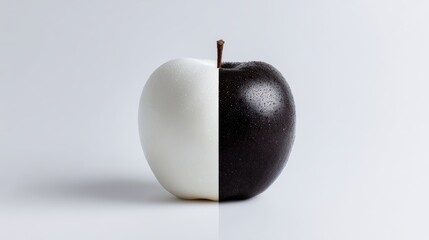 Conceptual image of an apple split in half, white and black contrast